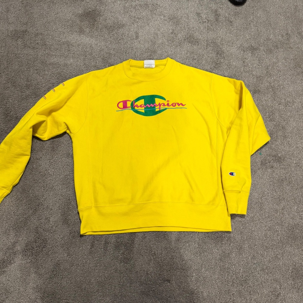 Champion Reverse Weave‎ Yellow Crewneck Sweatshirt Large Multi Logo Graphic